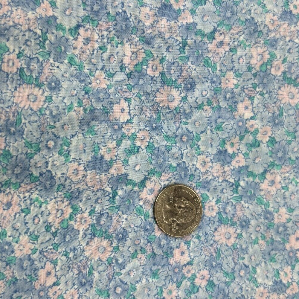 Vintage Blue Floral Fabric 41" x 44" Yard Pc Purple Pink Ditsy Light Retro Craft